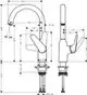 Hansgrohe Spültischmischer mit geschwungenem Auslauf und seitlichem Hebel, dargestellt in technischen Zeichnungen mit Maßangaben und Anschlussdetails.